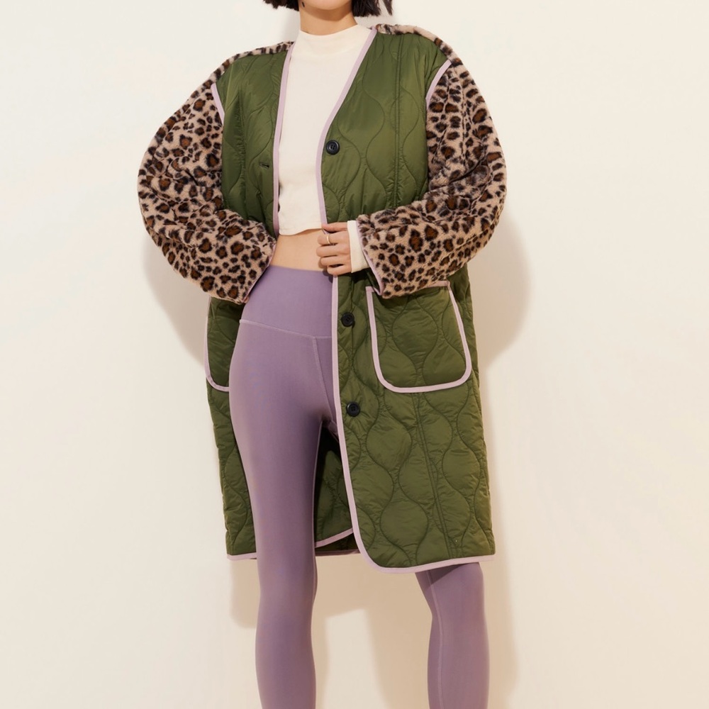 RARE!! ANTHROPOLOGIE Olive Green and Leopard Print liner coat - Picture 2 of 6